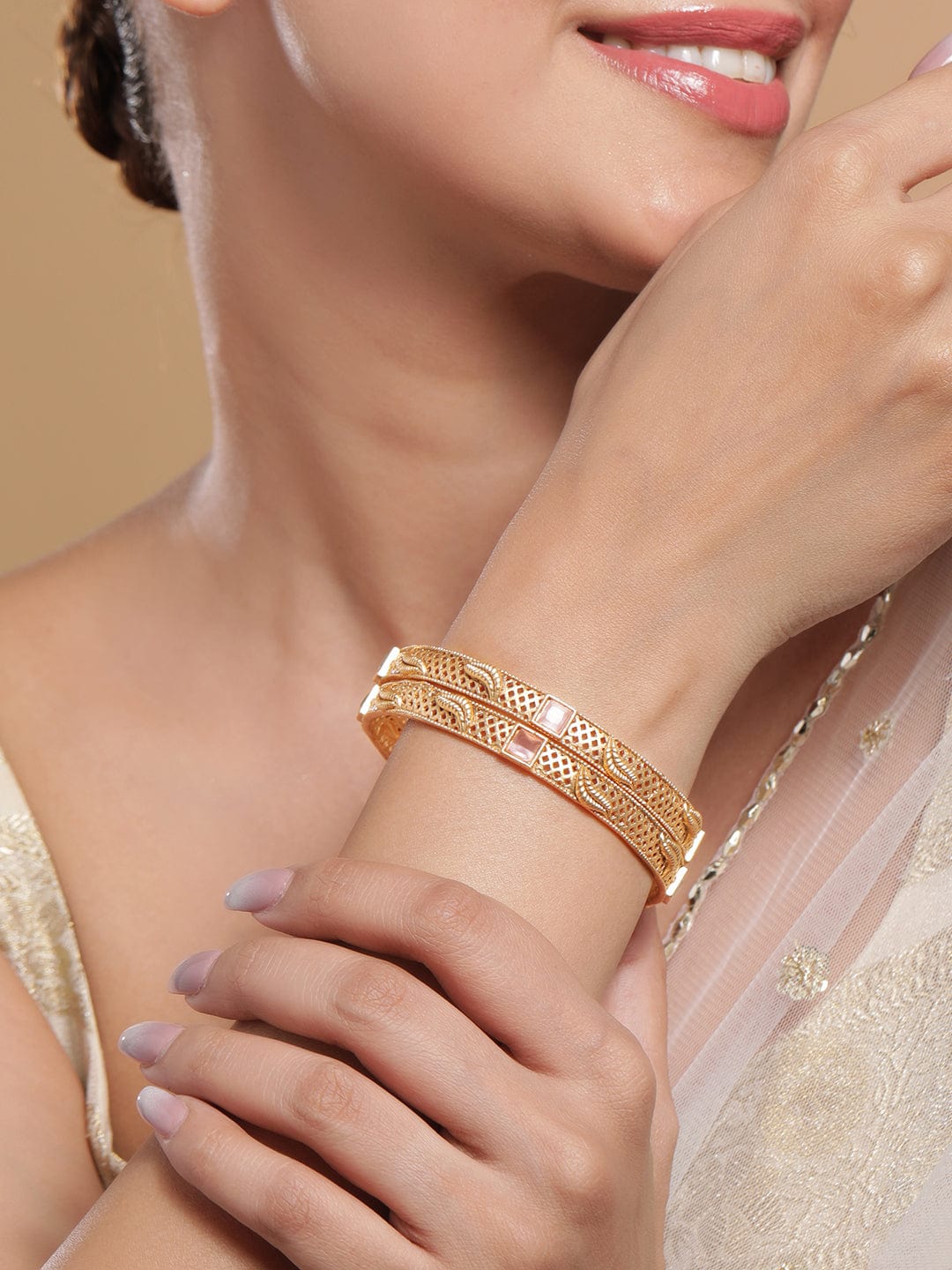 Rubans Set of 2 18K Gold-Plated Pastel Pink & Mint Green Stone Studded Traditional Bangles