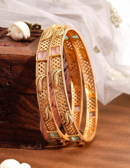 Rubans Set of 2 18K Gold-Plated Pastel Pink & Mint Green Stone Studded Traditional Bangles