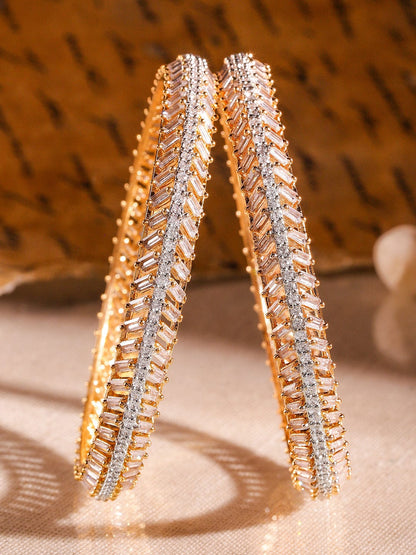 Rubans Set of 2 22K Gold-Plated Dual-Tone Cubic Zirconia Studded Handcrafted Premium Bangles