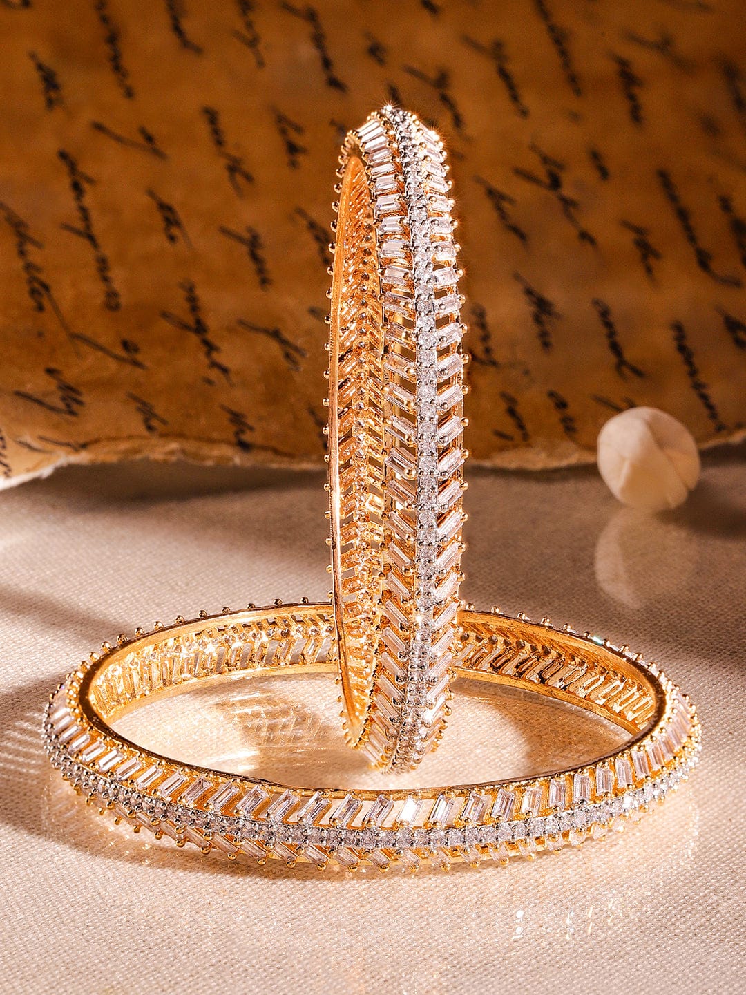 Rubans Set of 2 22K Gold-Plated Dual-Tone Cubic Zirconia Studded Handcrafted Premium Bangles