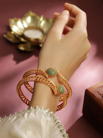 Rubans Set of 2 22K Gold-Plated Emerald Green Stone Studded Traditional Handcrafted Bangle