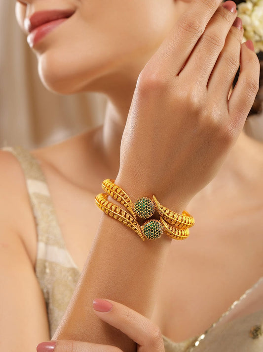 Rubans Set of 2 22K Gold-Plated Emerald Green Stone Studded Traditional Handcrafted Bangle