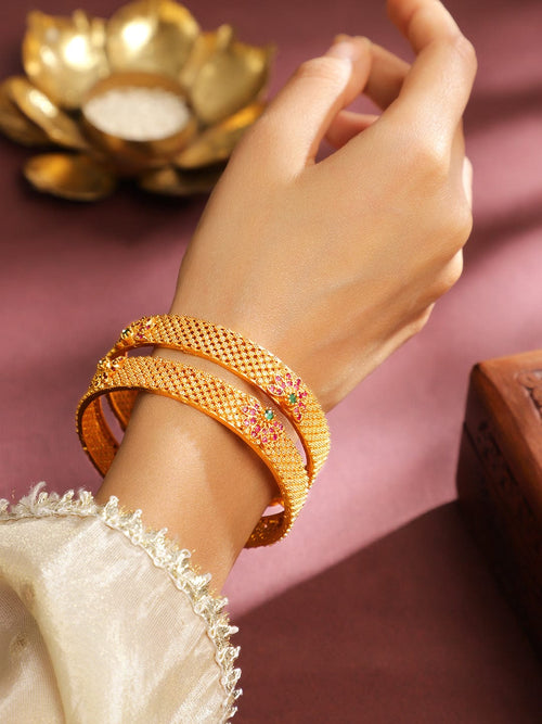 Rubans Set of 2 22K Gold Plated Ruby Pink & Emerald Green Stone Studded Bangles