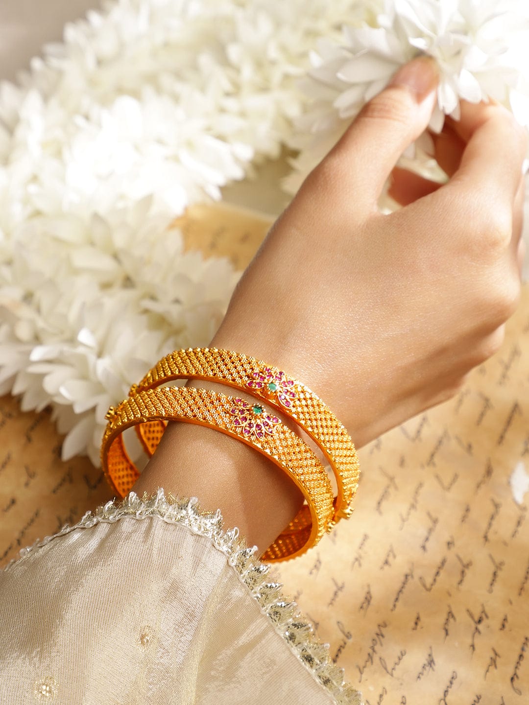 Rubans Set of 2 22K Gold Plated Ruby Pink & Emerald Green Stone Studded Bangles