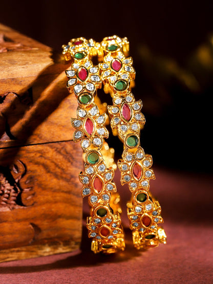 Rubans Set of 2, 22K Gold-Plated Ruby Pink & Emerald Green Stone Studded Handcrafted Bangles