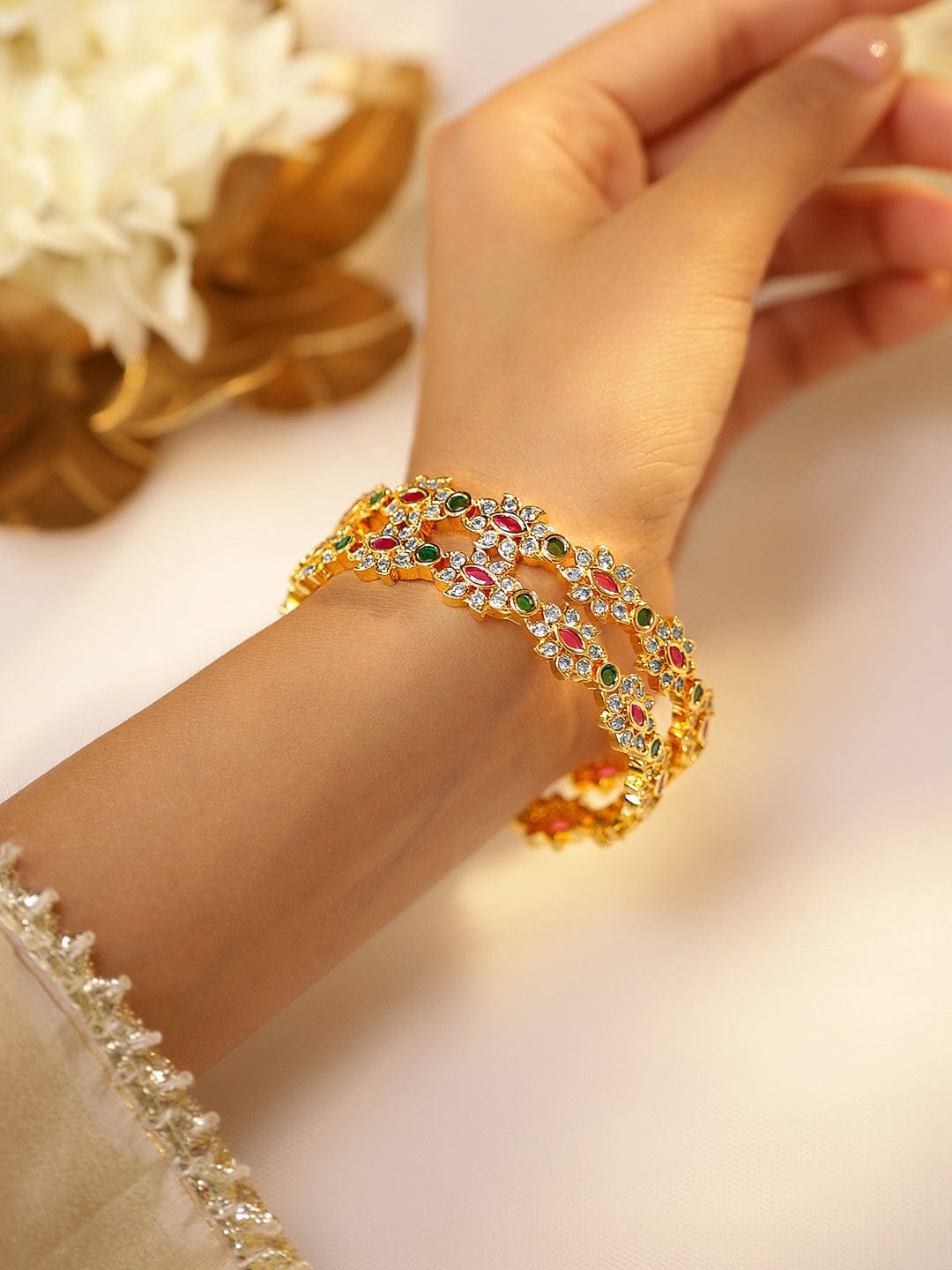 Rubans Set of 2, 22K Gold-Plated Ruby Pink & Emerald Green Stone Studded Handcrafted Bangles