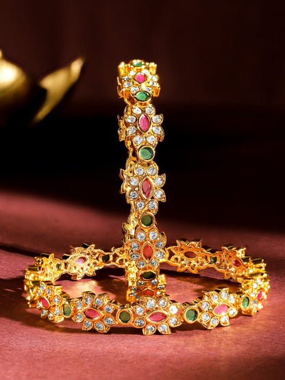 Rubans Set of 2, 22K Gold-Plated Ruby Pink & Emerald Green Stone Studded Handcrafted Bangles