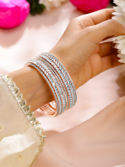 Rubans Set of 2 22K Rose Gold-Plated  White Cubic Zirconia Studded Leaf Motif Handcrafted Premium Bangles