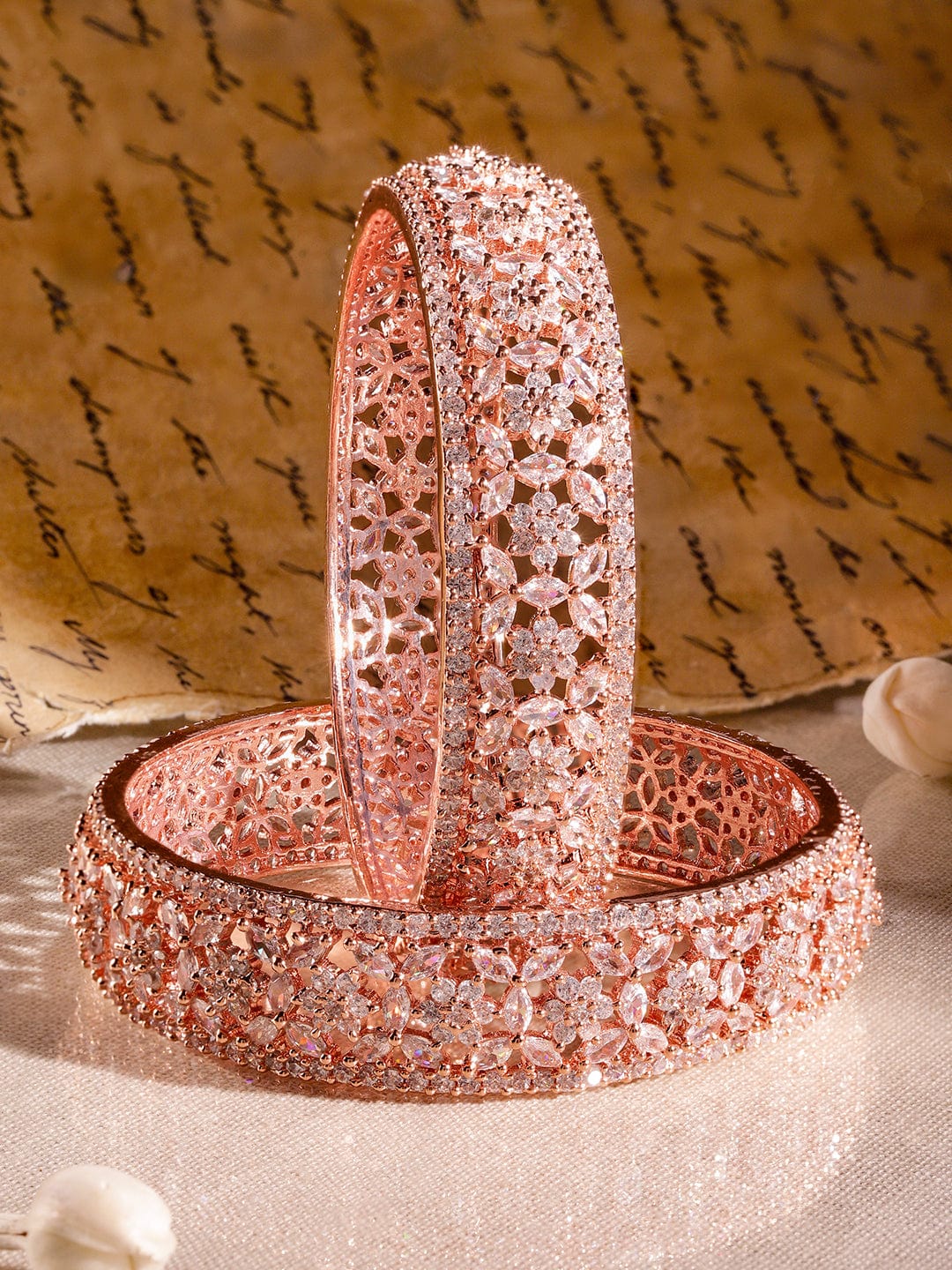 Rubans Set of 2, 22K Rose Gold Plated Zirconia Stone Studded Bangles Floral Design