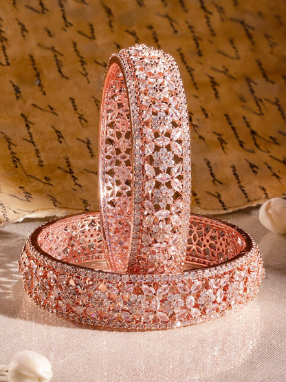Rubans Set of 2, 22K Rose Gold Plated Zirconia Stone Studded Bangles Floral Design