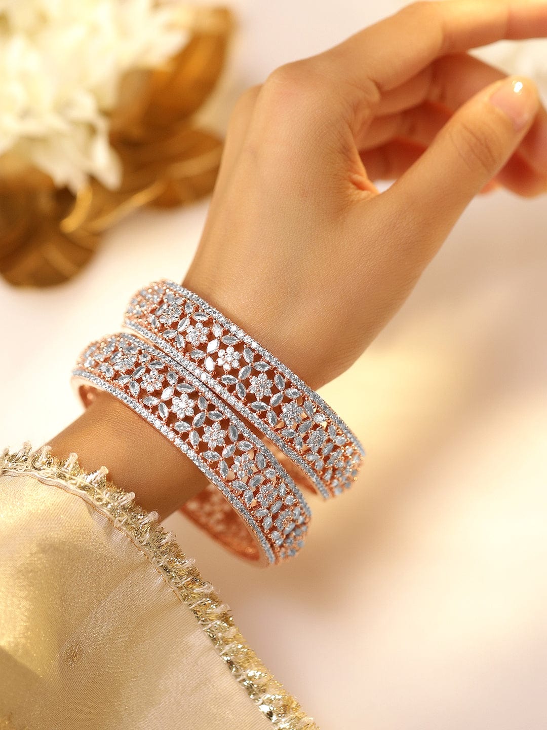 Rubans Set of 2, 22K Rose Gold Plated Zirconia Stone Studded Bangles Floral Design