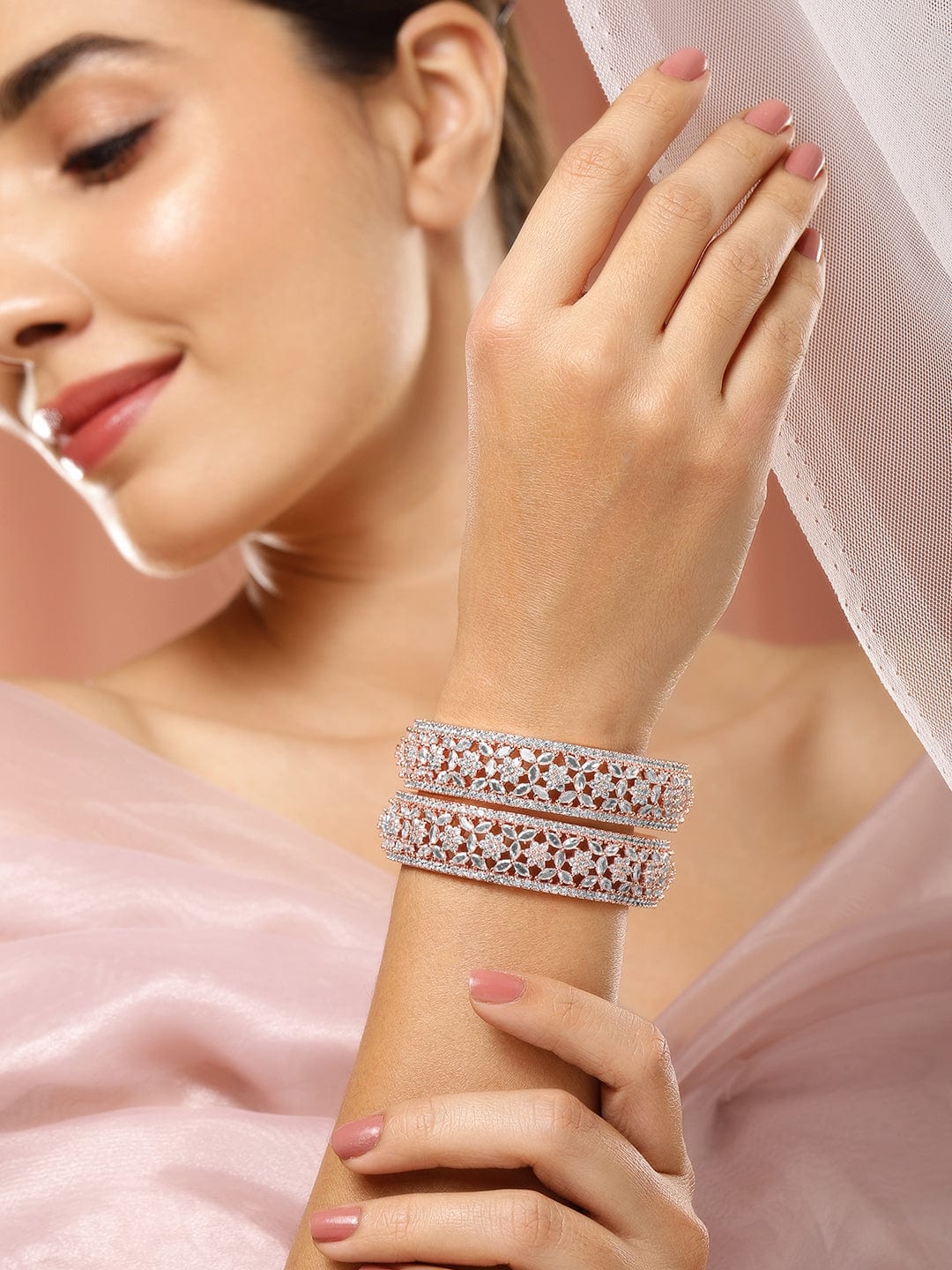 Rubans Set of 2, 22K Rose Gold Plated Zirconia Stone Studded Bangles Floral Design