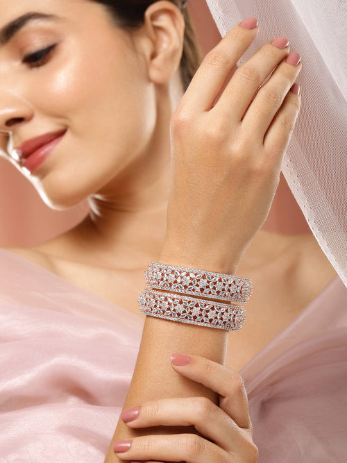 Rubans Set of 2, 22K Rose Gold Plated Zirconia Stone Studded Bangles Floral Design