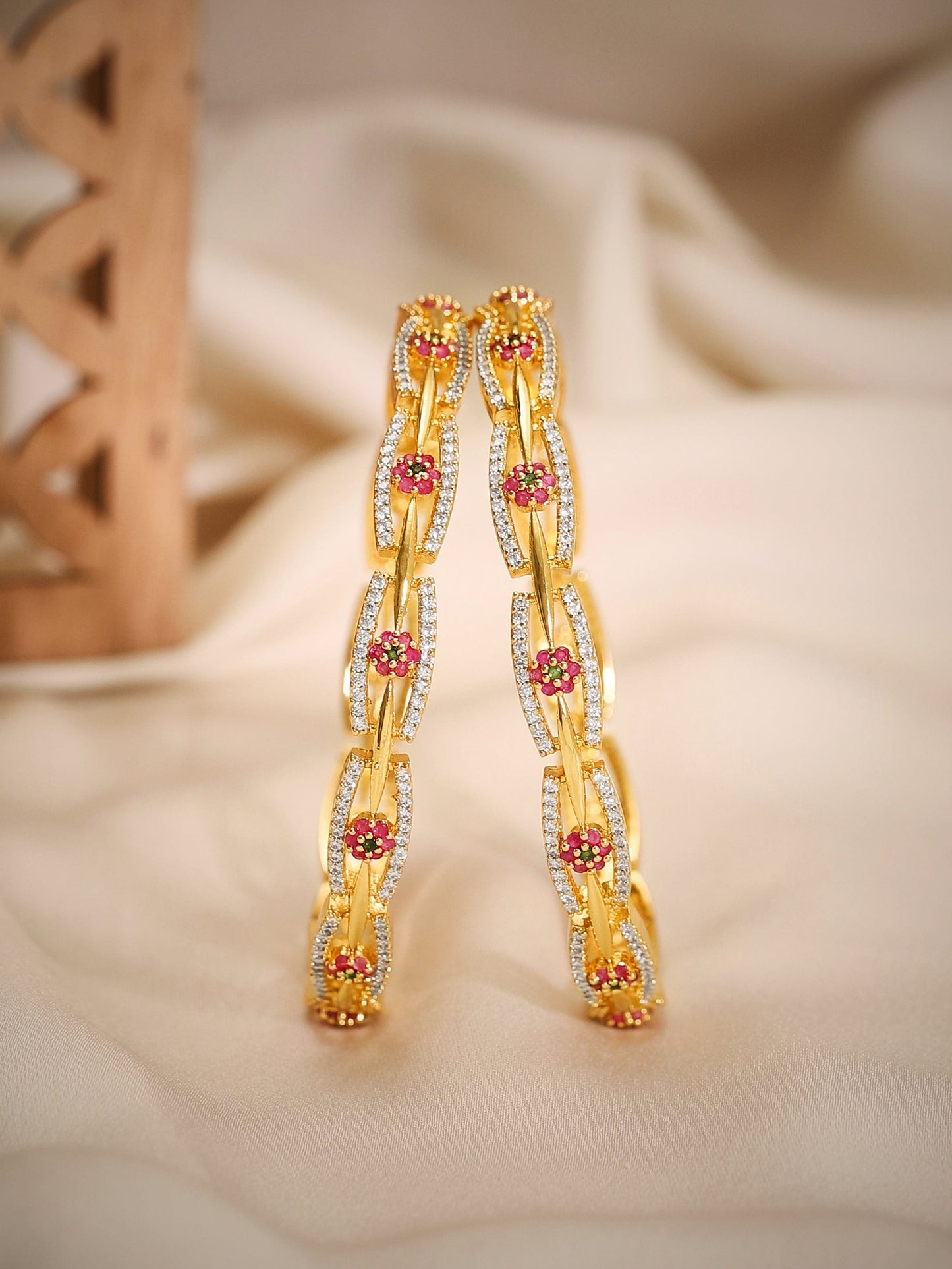 Rubans Set of 2 24K Gold Plated White Red and Green Kundan & Cubic Zirconia Studded Floral Bangles