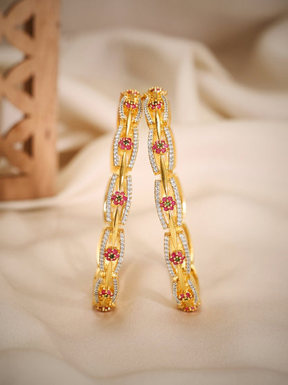 Rubans Set of 2 24K Gold Plated White Red and Green Kundan & Cubic Zirconia Studded Floral Bangles