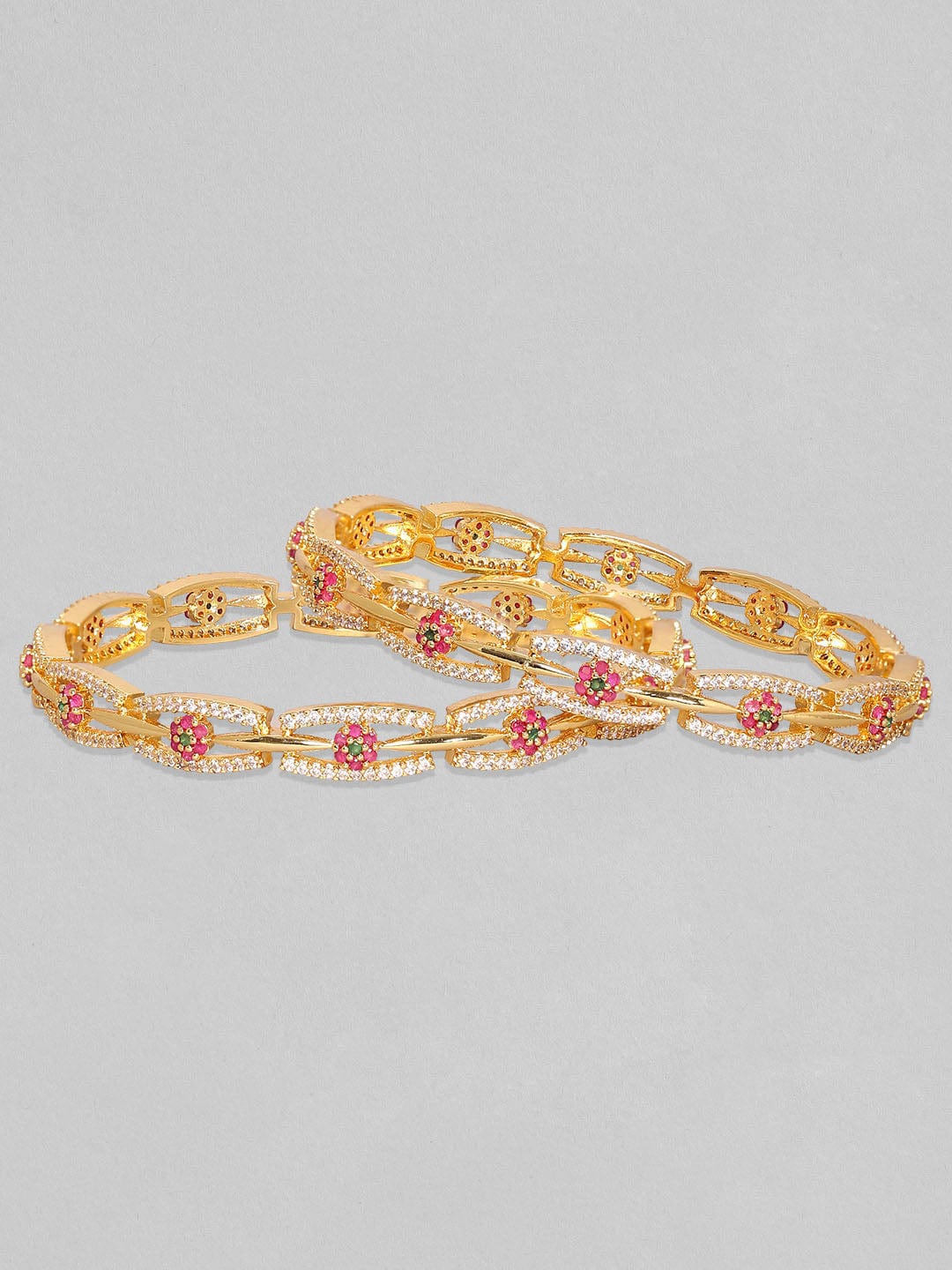 Rubans Set of 2 24K Gold Plated White Red and Green Kundan & Cubic Zirconia Studded Floral Bangles