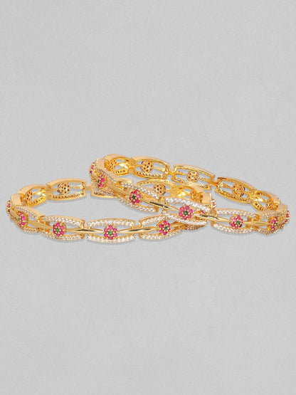 Rubans Set of 2 24K Gold Plated White Red and Green Kundan & Cubic Zirconia Studded Floral Bangles