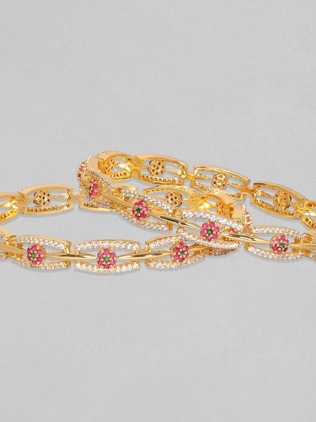Rubans Set of 2 24K Gold Plated White Red and Green Kundan & Cubic Zirconia Studded Floral Bangles