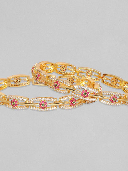 Rubans Set of 2 24K Gold Plated White Red and Green Kundan & Cubic Zirconia Studded Floral Bangles