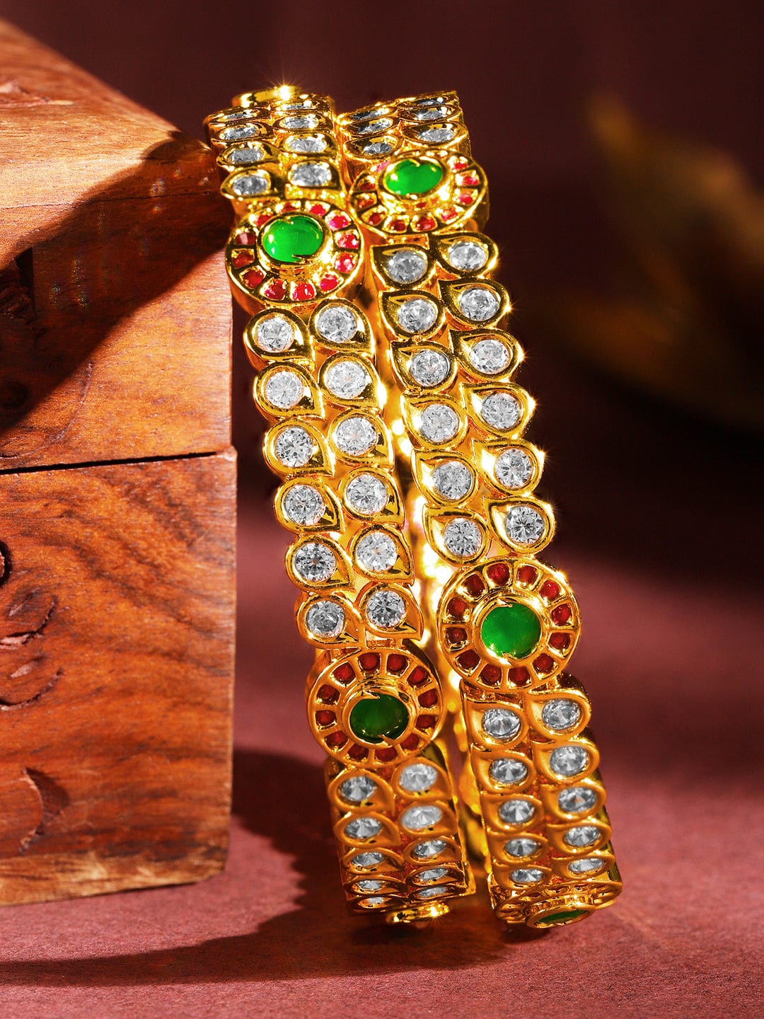 Rubans Set Of 2 24K Gold-Plated Ruby Pink & Emerald Green Kundan & White Cubic Zirconia Studded Handcrafted Bangles