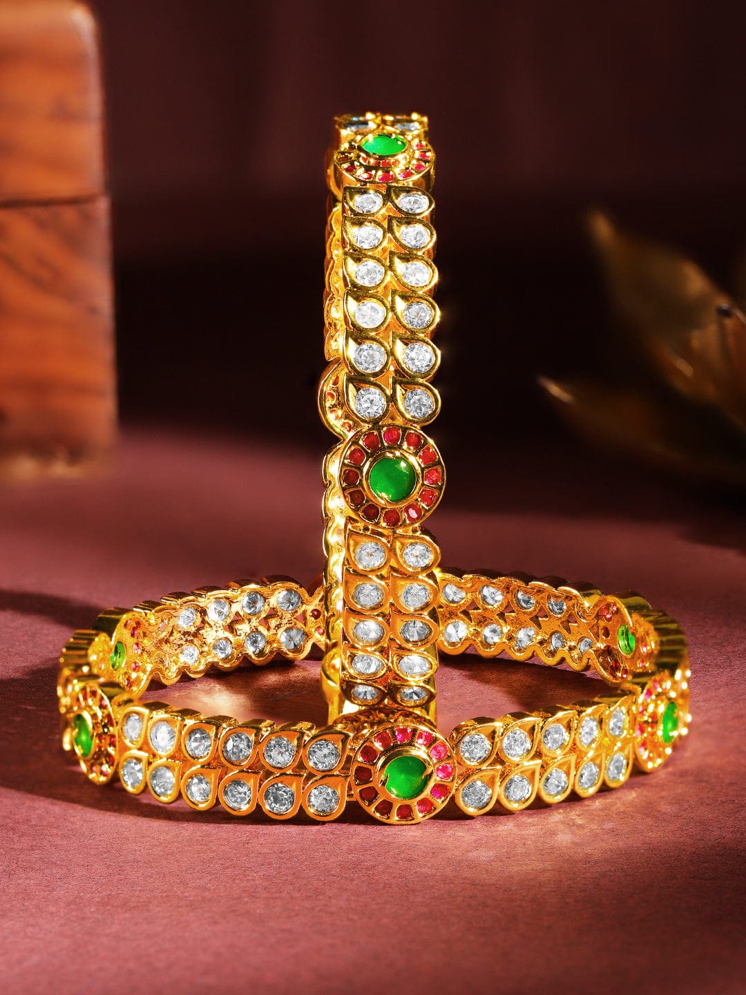 Rubans Set Of 2 24K Gold-Plated Ruby Pink & Emerald Green Kundan & White Cubic Zirconia Studded Handcrafted Bangles