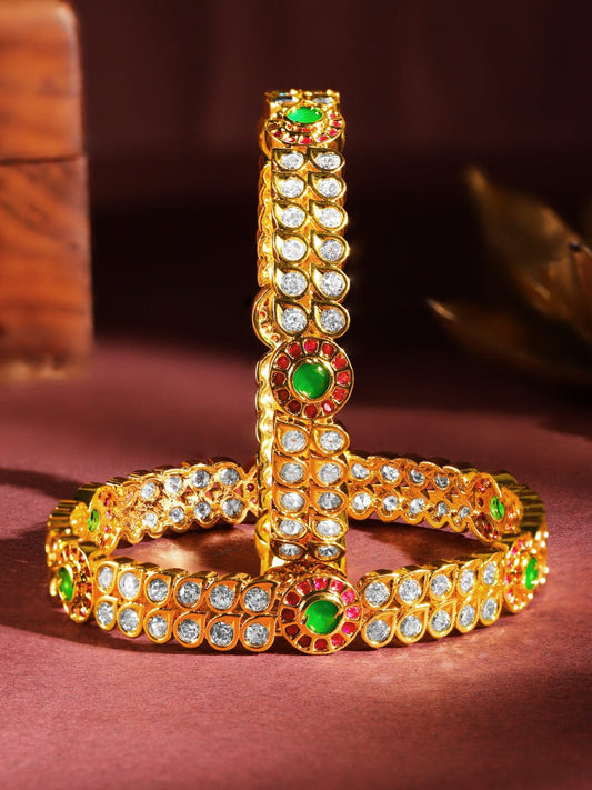 Rubans Set Of 2 24K Gold-Plated Ruby Pink & Emerald Green Kundan & White Cubic Zirconia Studded Handcrafted Bangles