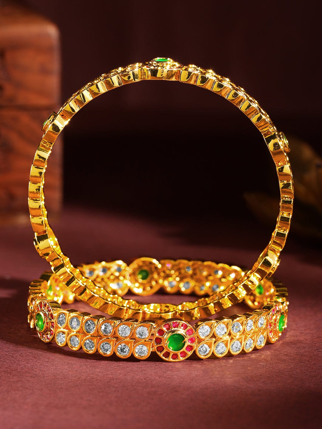 Rubans Set Of 2 24K Gold-Plated Ruby Pink & Emerald Green Kundan & White Cubic Zirconia Studded Handcrafted Bangles