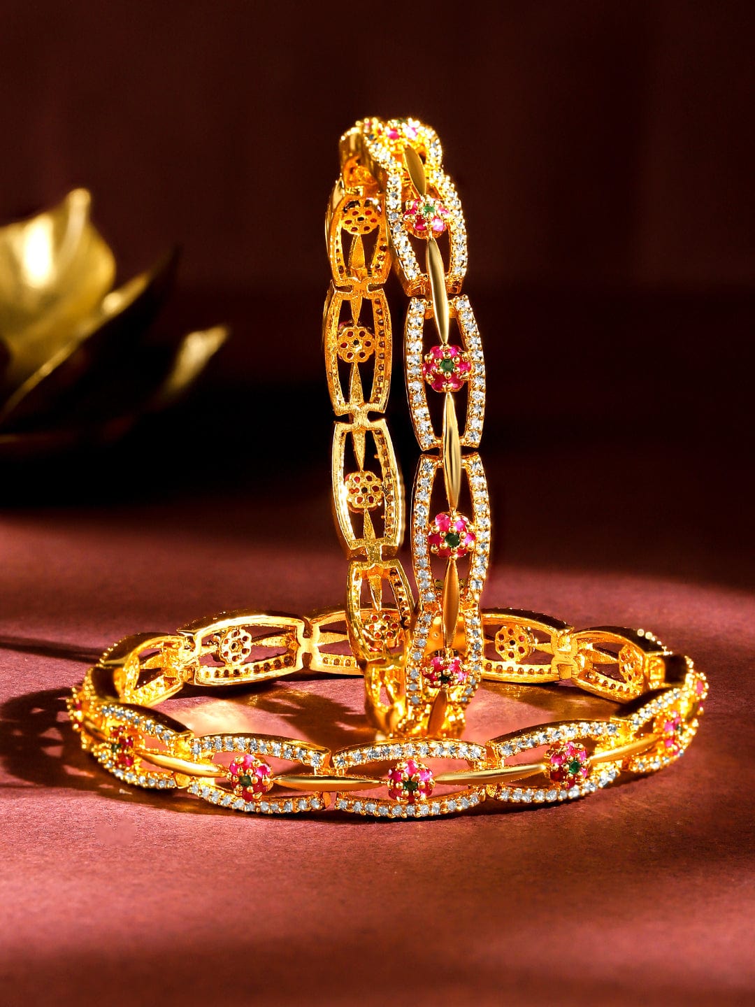 Rubans Set of 2 24K Gold Plated White Red and Green Kundan & Cubic Zirconia Studded Floral Bangles