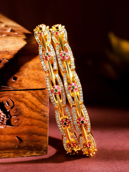 Rubans Set of 2 24K Gold Plated White Red and Green Kundan & Cubic Zirconia Studded Floral Bangles