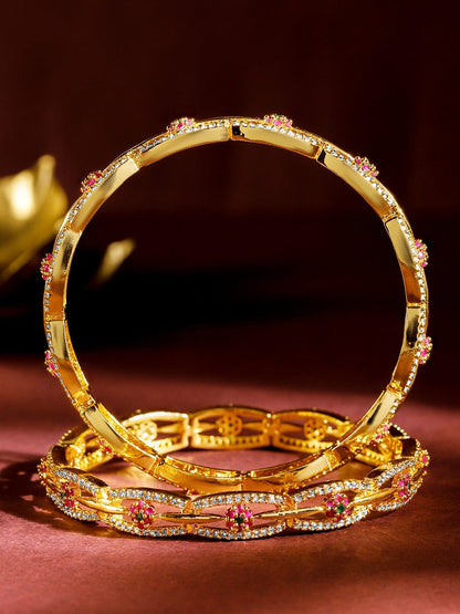 Rubans Set of 2 24K Gold Plated White Red and Green Kundan & Cubic Zirconia Studded Floral Bangles