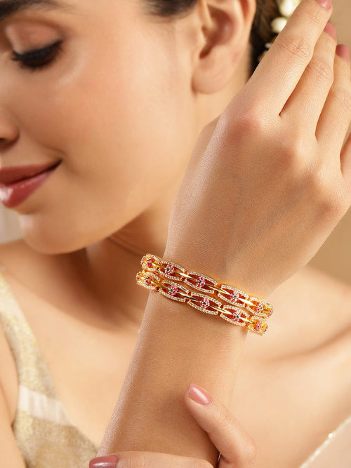 Rubans Set of 2 24K Gold Plated White Red and Green Kundan & Cubic Zirconia Studded Floral Bangles