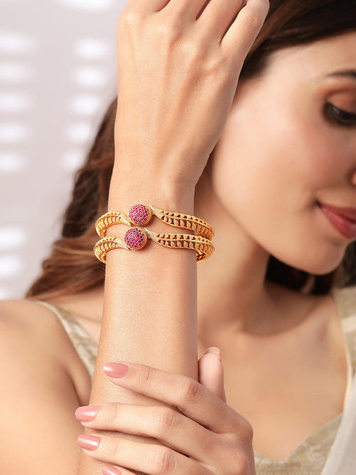 Rubans Set of 2 18K Gold Plated Ruby Studded Geru Polish Finish Traditional Bangles