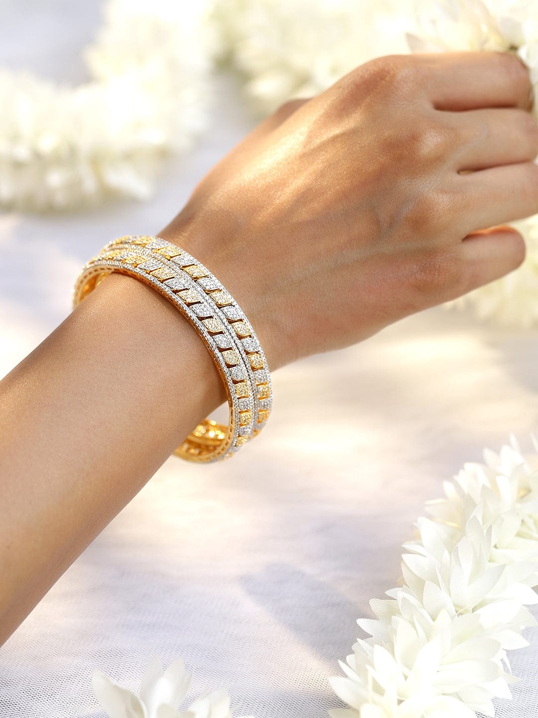 Rubans Set of 2 Rhodium & 18K Gold-Plated Cubic Zirconia Studded Bangles