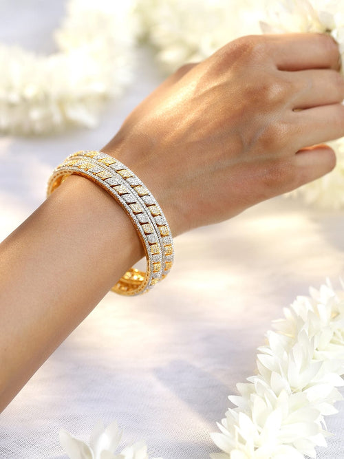 Rubans Set of 2 Rhodium & 18K Gold-Plated Cubic Zirconia Studded Bangles