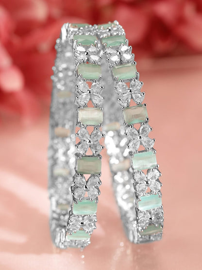 Rubans Set of 2 Rhodium-Plated Bangles with Mint Green Stones & Cubic Zirconia