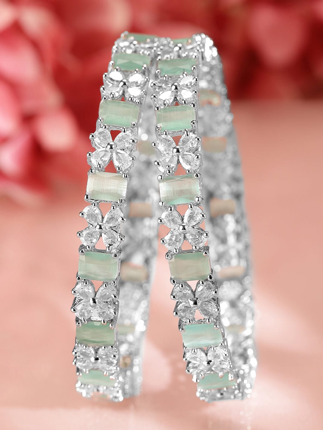 Rubans Set of 2 Rhodium-Plated Bangles with Mint Green Stones & Cubic Zirconia