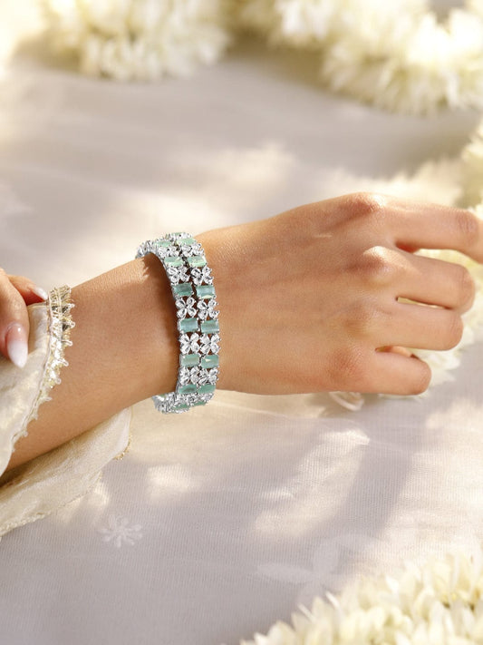 Rubans Set of 2 Rhodium-Plated Bangles with Mint Green Stones & Cubic Zirconia