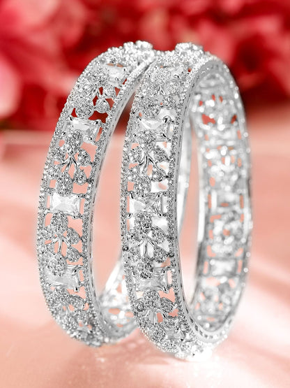 Rubans Set of 2, Rhodium-Plated Cubic Zirconia Studded Premium Handcrafted Bangles