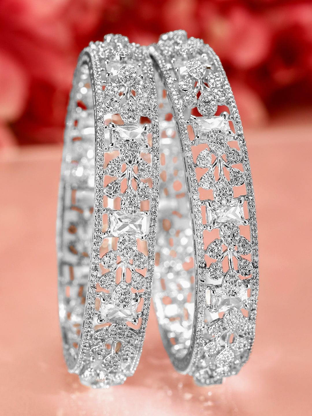 Rubans Set of 2, Rhodium-Plated Cubic Zirconia Studded Premium Handcrafted Bangles