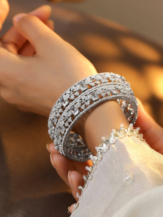 Rubans Set of 2, Rhodium-Plated Cubic Zirconia Studded Premium Handcrafted Bangles
