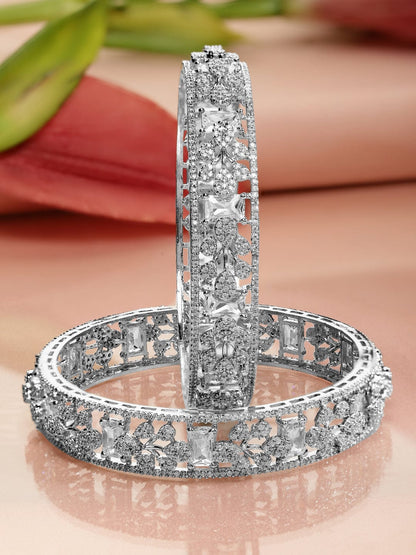 Rubans Set of 2, Rhodium-Plated Cubic Zirconia Studded Premium Handcrafted Bangles