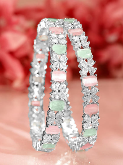 Rubans Set of 2 Rhodium-Plated Pastel Green & Pink and White Cubic Zirconia Studded Bangles