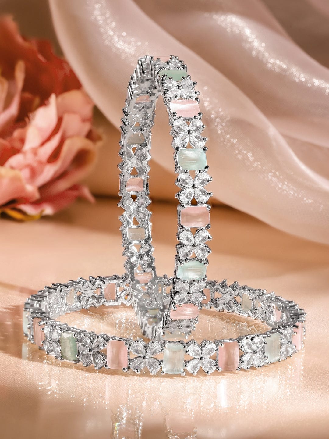 Rubans Set of 2 Rhodium-Plated Pastel Green & Pink and White Cubic Zirconia Studded Bangles