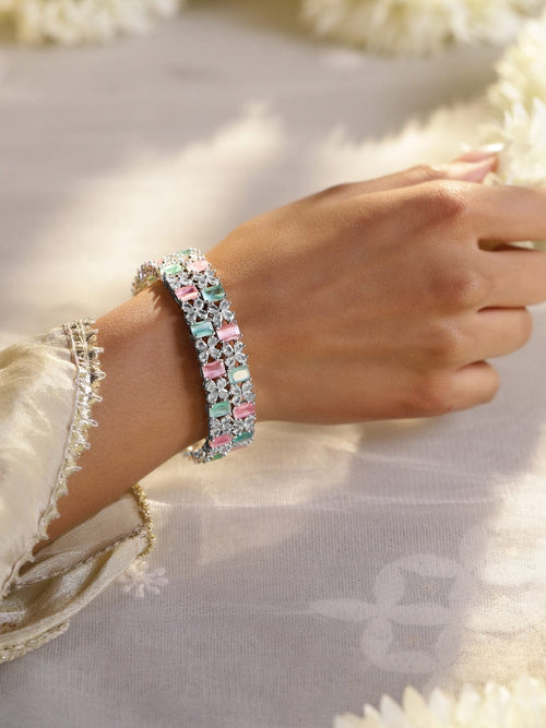 Rubans Set of 2 Rhodium-Plated Pastel Green & Pink and White Cubic Zirconia Studded Bangles