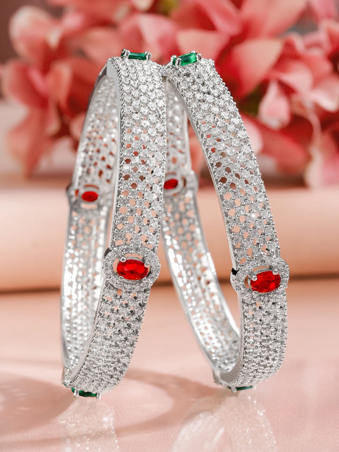 Rubans Set of 2 Rhodium-Plated Ruby Emerald and Cubic Zirconia Studded Premium Bangles