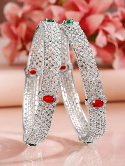 Rubans Set of 2 Rhodium-Plated Ruby Emerald and Cubic Zirconia Studded Premium Bangles