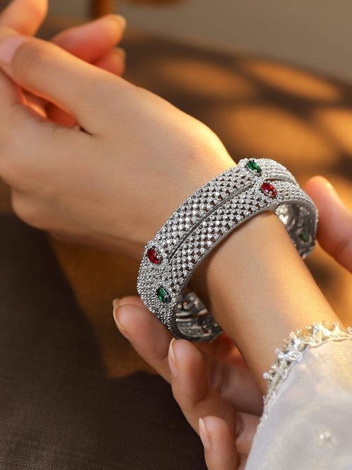 Rubans Set of 2 Rhodium-Plated Ruby Emerald and Cubic Zirconia Studded Premium Bangles