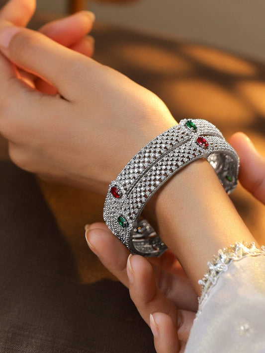 Rubans Set of 2 Rhodium-Plated Ruby Emerald and Cubic Zirconia Studded Premium Bangles