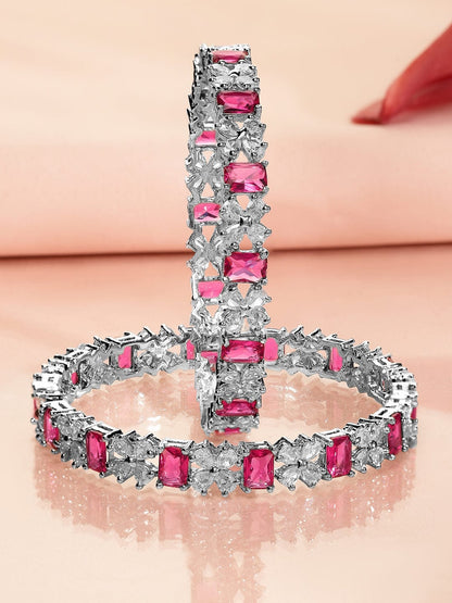Rubans Set of 2 Rhodium-Plated Ruby Pink & White Cubic Zirconia Studded Floral Bangles