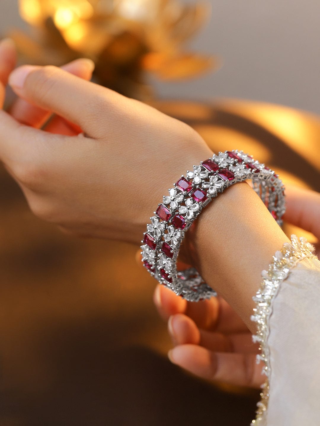 Rubans Set of 2 Rhodium-Plated Ruby Pink & White Cubic Zirconia Studded Floral Bangles